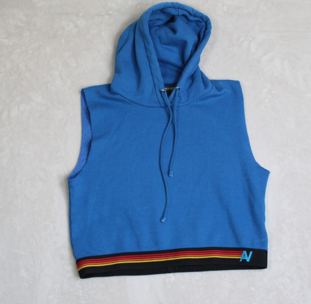 Aviator Nation Sweatshirt Womens Medium Blue Logo Stripe Sleeveless Crop Hoodie